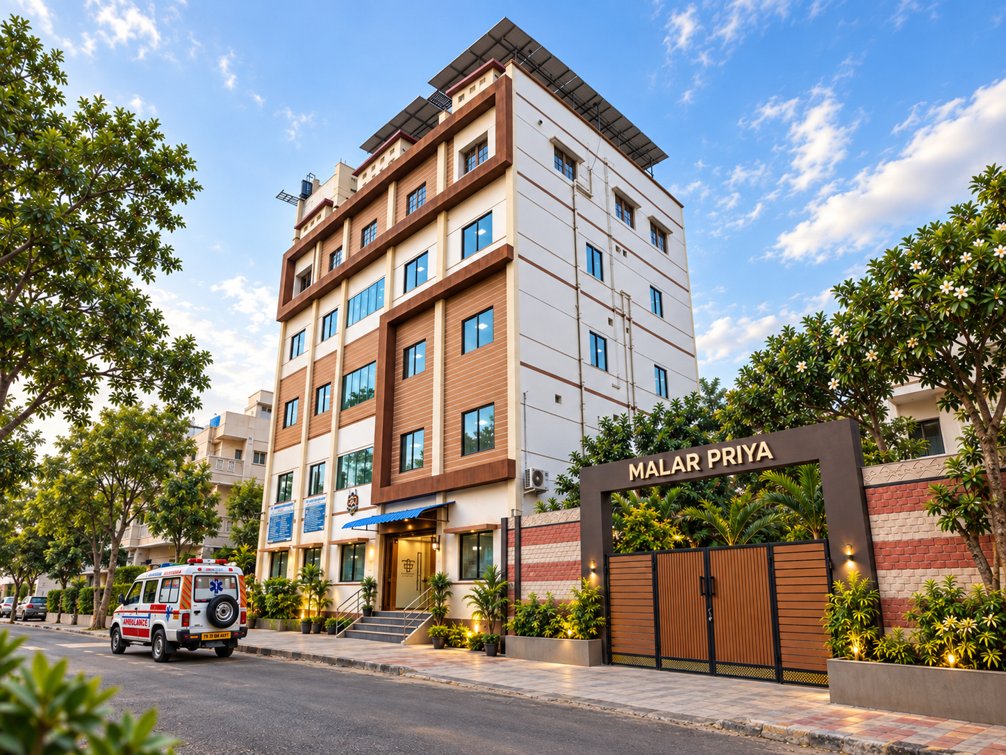Premium Exterior Of The Hospital With Ambulance And Arrival Canopy
